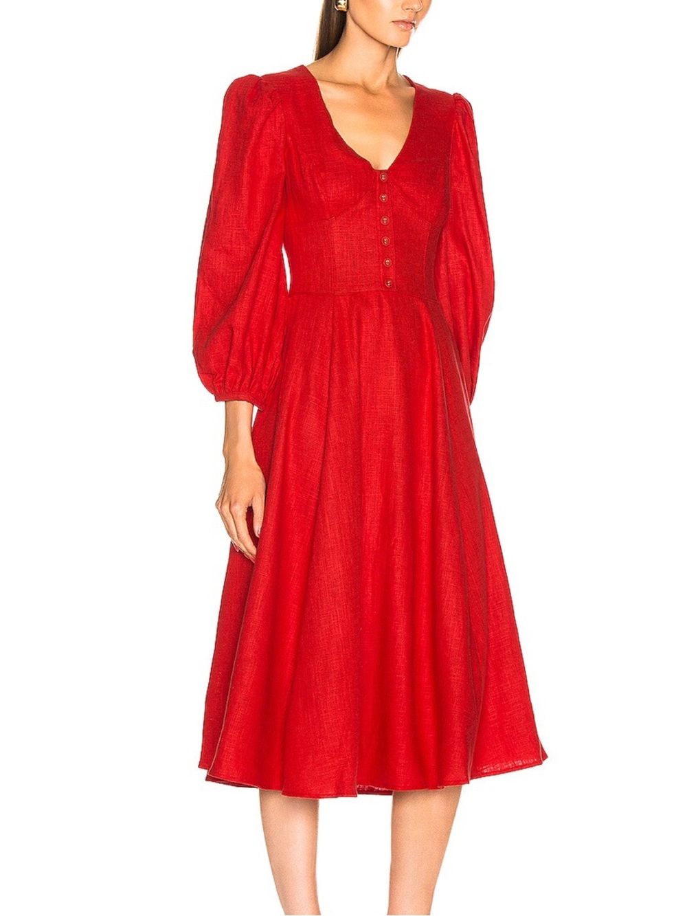 STAUD Scarlet V‑Neck Button‑Front Birdie Farmcore Midi Dress